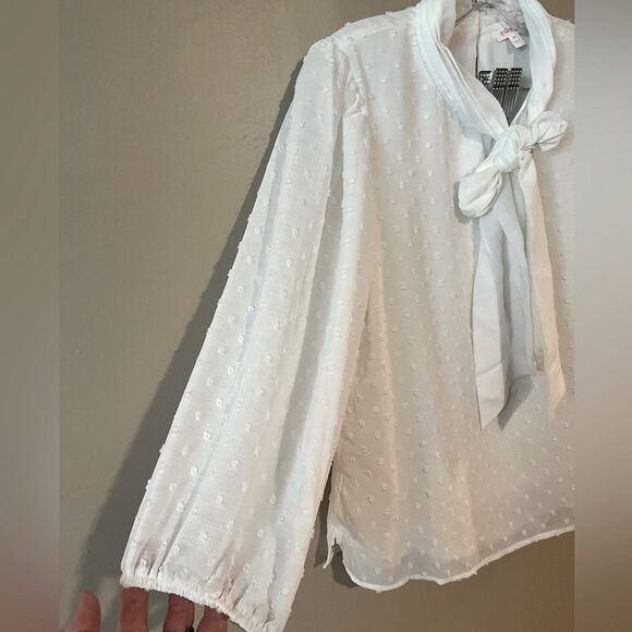 Riley & Rae Swiss Dot Neck Tie Blouse White Size Medium - Picture 7 of 11